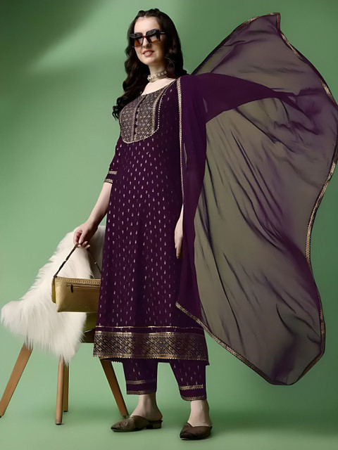QUEENSFAB Ethnic Motifs Yoke Design Panelled Gotta Patti Kurta With Trousers & Dupatta - Image 3