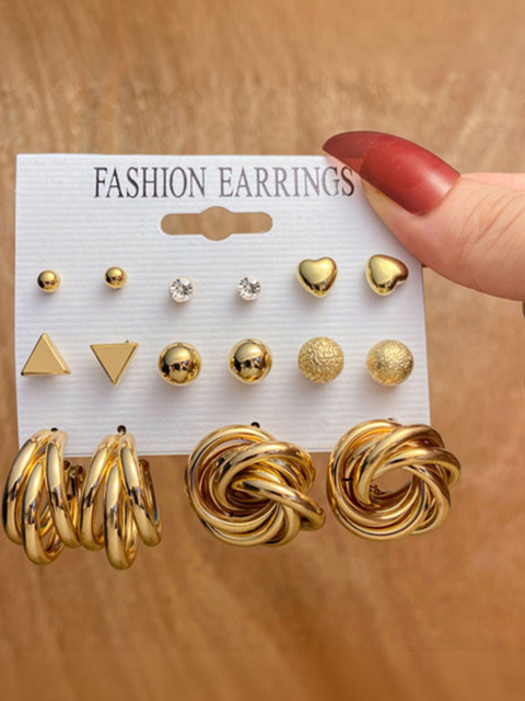 Thrillz Set Of 8 Gold-Plated Artificial Stones Studded Geometric Shaped Studs