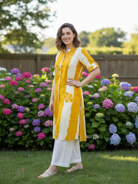 SZN Floral Printed Mandarin Collar Roll-Up Sleeves Cotton Straight Kurtas