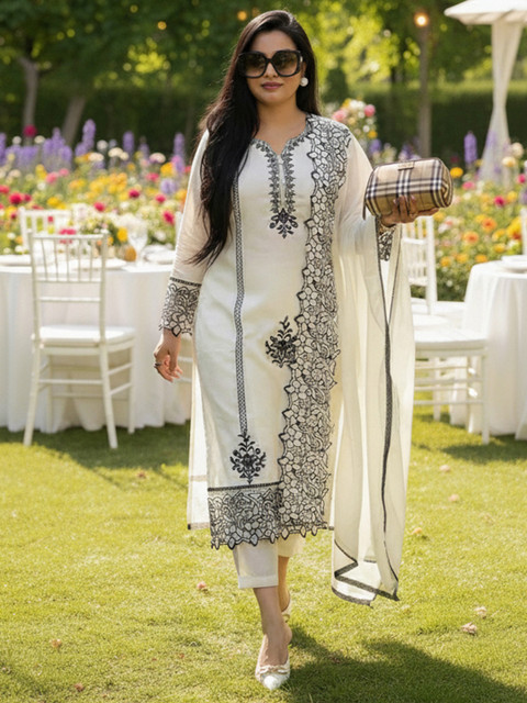 Aaghnya Floral Embroidered Notch Neck Straight Kurta With Trousers & Dupatta