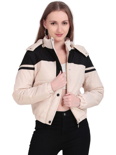Brazo Women Colourblocked Water Resistant Crop Puffer Jacket with Patchwork