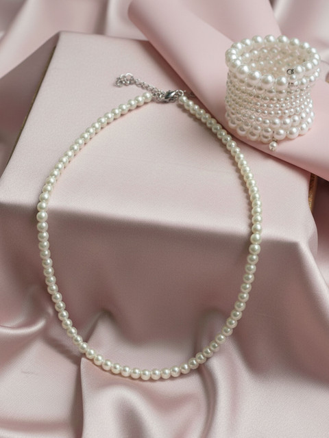 Anouk Rhodium-Plated Pearls Beaded Minimal Necklace