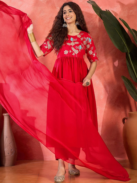 Sangria Embroidered Flared Kurta & Trouser With Dupatta