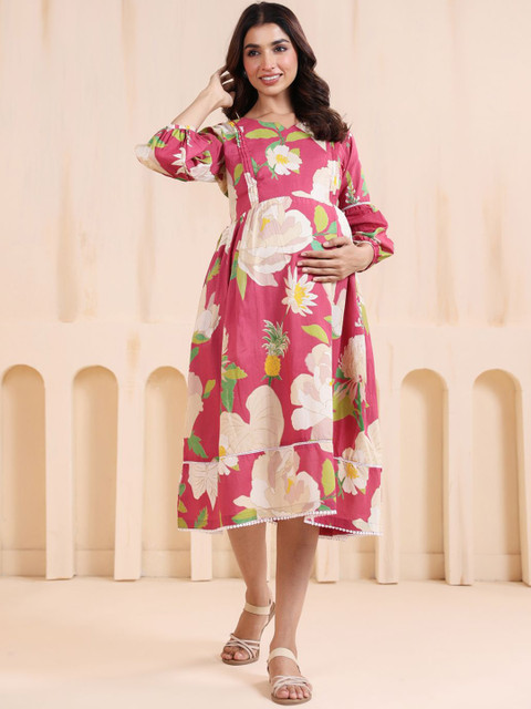 Ikk Kudi by Seerat Floral Print Puff Sleeve Maternity A-Line Midi Dress
