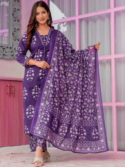 PARTHVI Women Floral Printed Regular Pure Cotton Kurta with Trousers & With Dupatta - Image 5