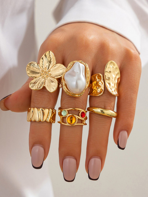 Jewels Galaxy Set Of 6 Gold Plated Adjustable Finger Ring