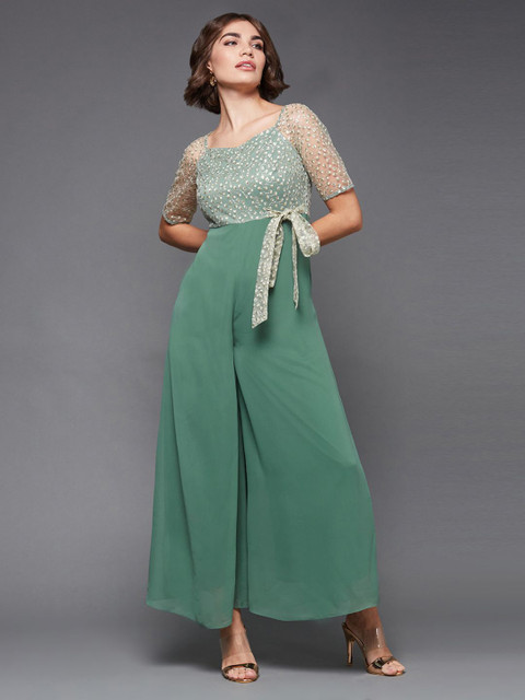 Miss Chase Women's Square Neck Raglan sleeve Solid Embroidered Regular Jumpsuit