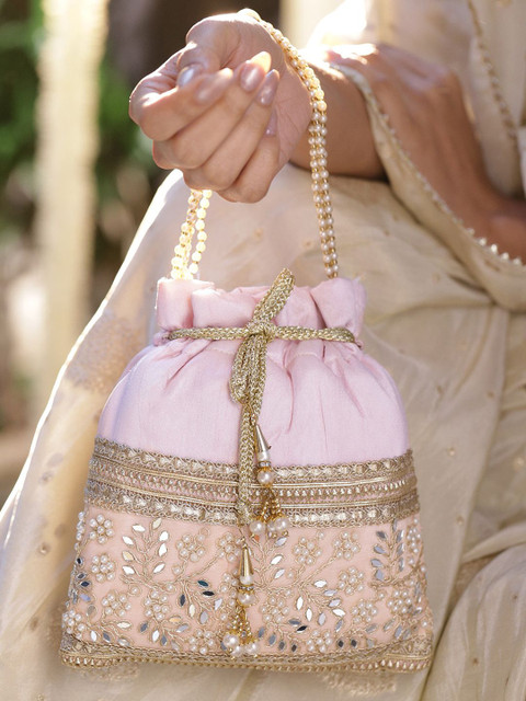Rubans Pastel Pink Potli Bag with Golden Zari, Mirror & Floral Embroidery & Beaded Handle