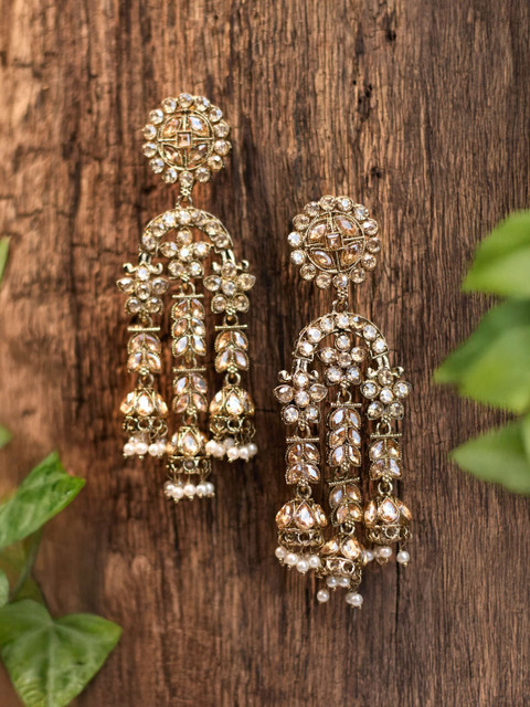 zarmar fashion Gold-Plated Artificial Stones Studded & Beaded Floral Shaped Drop Earrings
