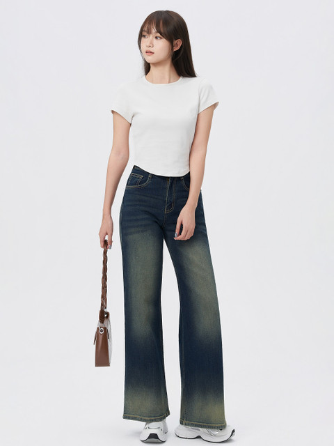 Off Duty India Women Wide Leg High-Rise Low Distress Light Fade Jeans