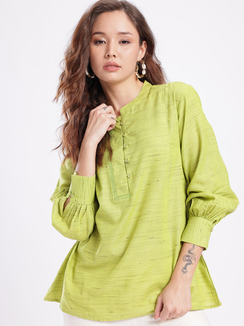 fusion by glitchez Mandarin Collar Cuffed Sleeves A-Line Kurti