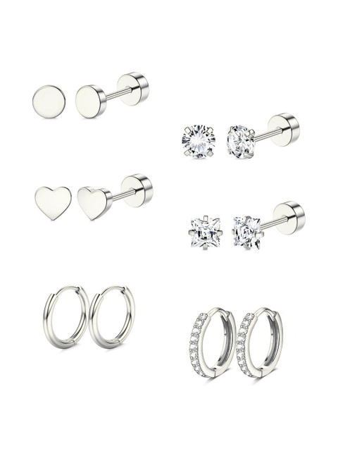 VAMA Set Of 6 18K Silver-Plated Crystals Studded Anti Tarnish Heart Shaped Studs