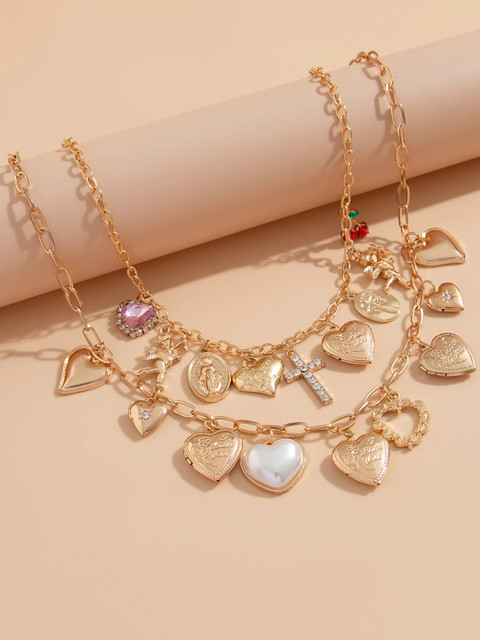 Just Lil Things Multi Styled Drop Heart Cross Charms Artificial Stones Studded Necklace