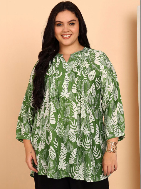 YASH GALLERY Botanical Printed Mandarin Collar Kurti