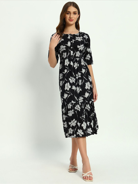 VYKOO Floral Printed Fit & Flared Midi Dress