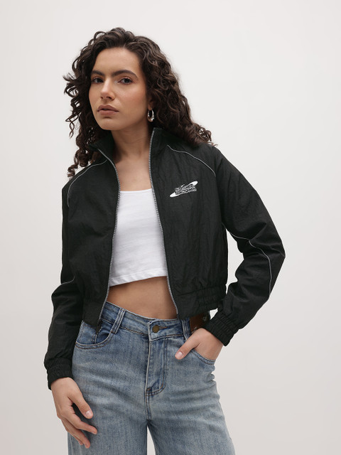 The Roadster Life Co. Mock Collar Cropped Tailored Jacket With Contrast Piping