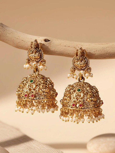 KARATCART Gold-Plated Stone Studded & Beaded Laxmi Mata Jhumkas