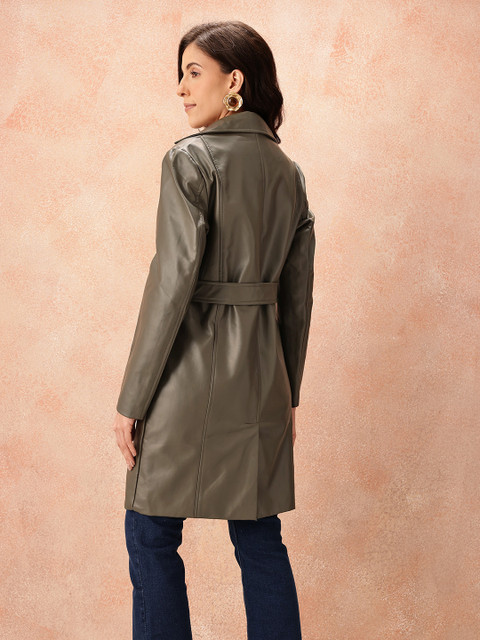 all about you PU Coated Notched Lapel Collar Belted Overcoat - Image 5