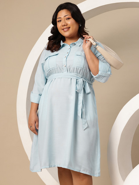 Sztori Plus Size Shirt Collar Belted A-Line Knee Length Dress