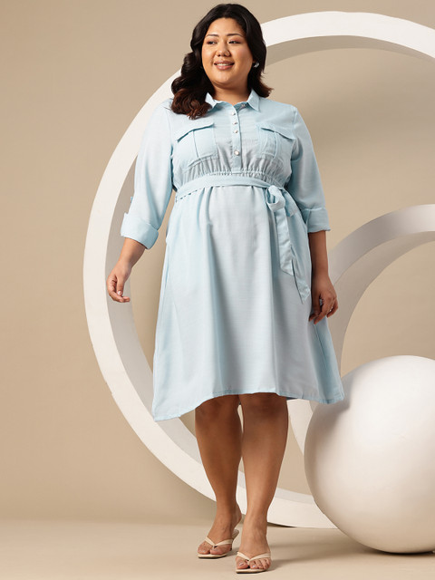 Sztori Plus Size Shirt Collar Belted A-Line Knee Length Dress - Image 3