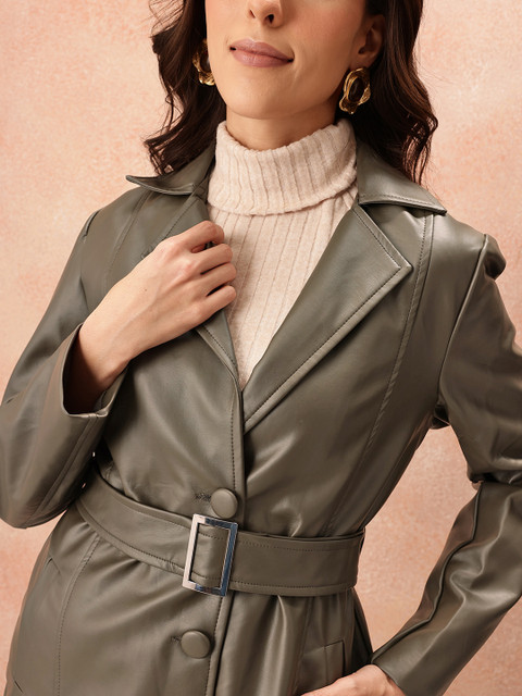 all about you PU Coated Notched Lapel Collar Belted Overcoat - Image 2