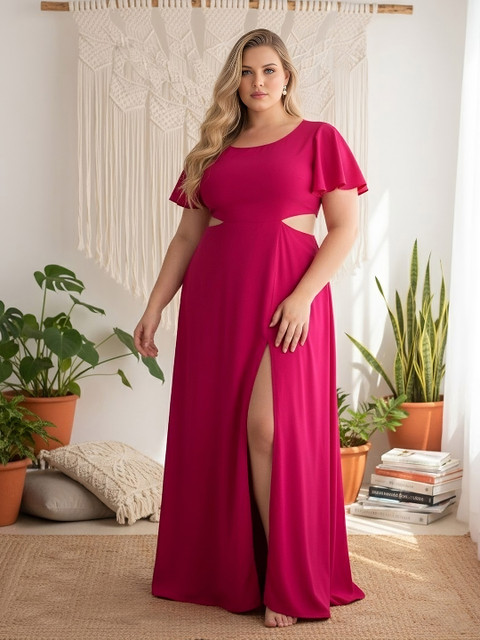 Berrylush Curve Flared Sleeve Cut-Out Slit Maxi Plus Size Dress