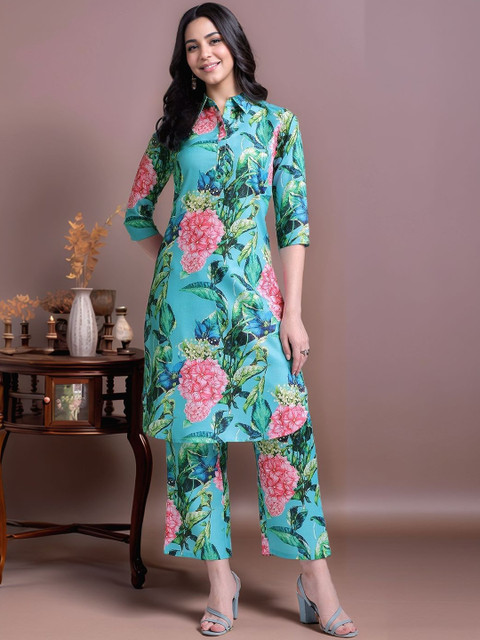 Anouk Women Floral Printed Shirt Collared Straight Kurta with Trousers
