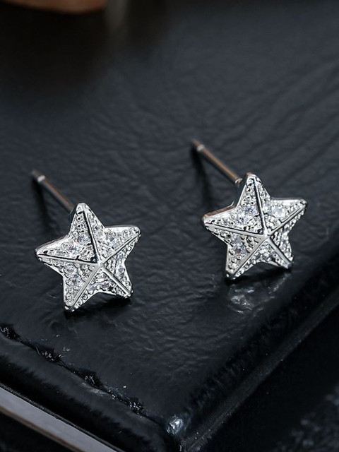 StyleCast x Revolte Men Silver Plated Zircon Studded Star Shaped Studs