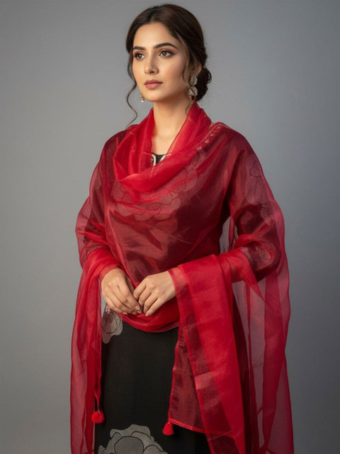 Sangria Women Floral Printed Pom Pom-Detail Ethnic Dupatta - Image 2