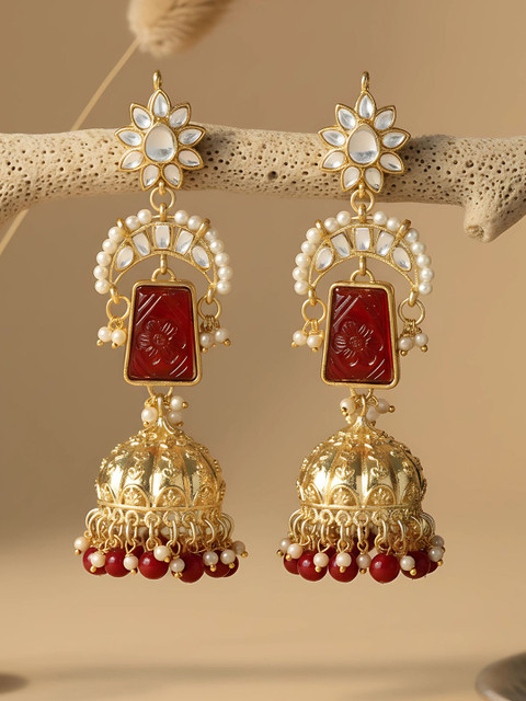 KARATCART Gold-Plated Kundan-Studded Jhumkas
