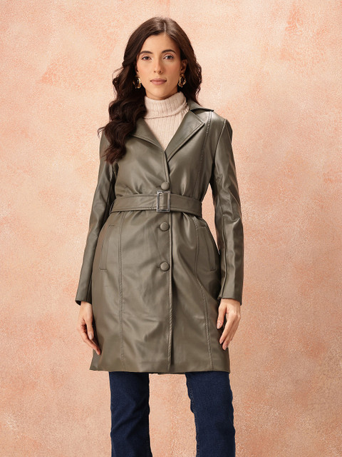 all about you PU Coated Notched Lapel Collar Belted Overcoat - Image 3