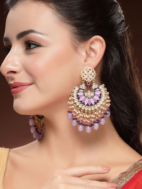 KARATCART Gold-Plated Crescent Shaped Kundan Studded Meenakari Chandbalis Earrings