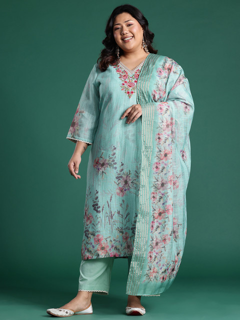 Indo Era Plus Size Floral Print Regular Thread Work Kurta with Palazzos & Dupatta