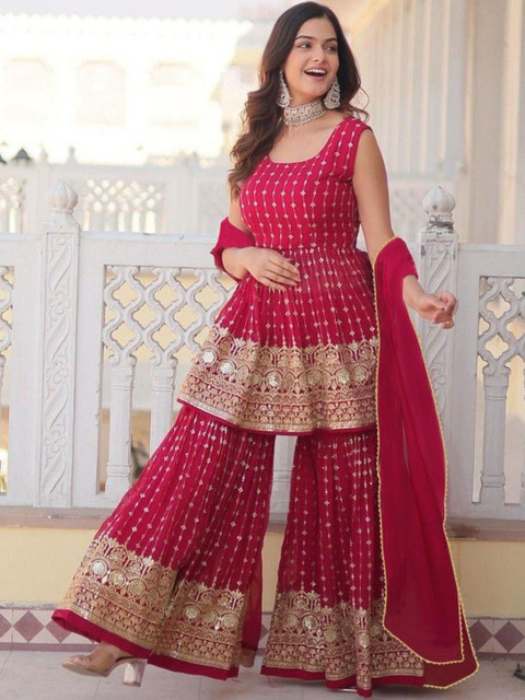 Siya Fashion Women Ethnic Motifs Embroidered Tiered Gotta Patti Kurta with Sharara & With Dupatta