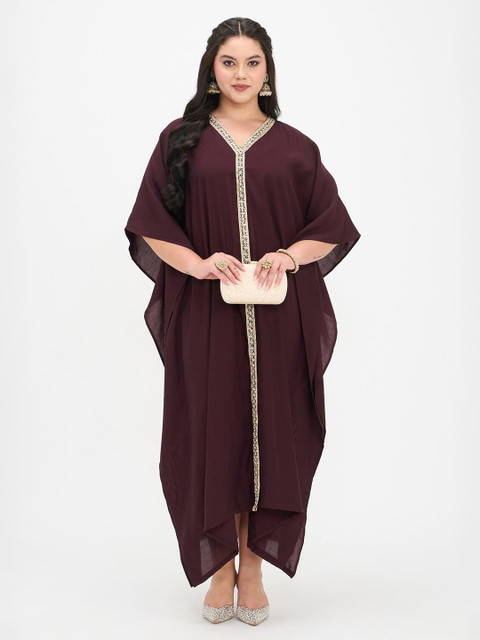 Virgio Women Solid Viscose V-Neck Kaftan Maxi Plus Size Dress with Lace