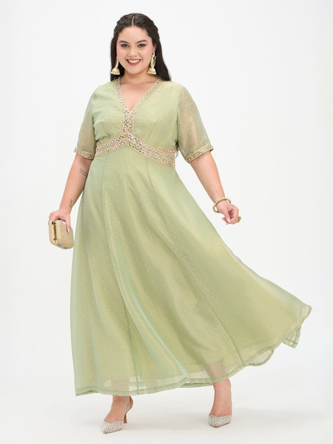 Virgio Women Viscose Butta Jacquard V-Neck Plus Size Maxi Dress with Lace