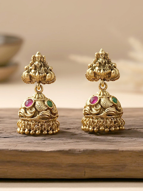 KARATCART Gold-Plated Dome Shaped Artificial Stones Studded Laxmi Mata Jhumkas