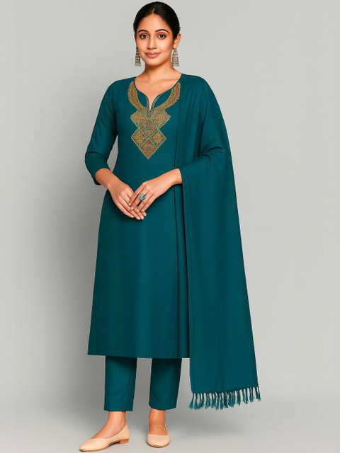 Vrinde Floral Embroidered Thread Work Pashmina Unstitched Dress Material