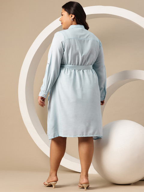 Sztori Plus Size Shirt Collar Belted A-Line Knee Length Dress - Image 5