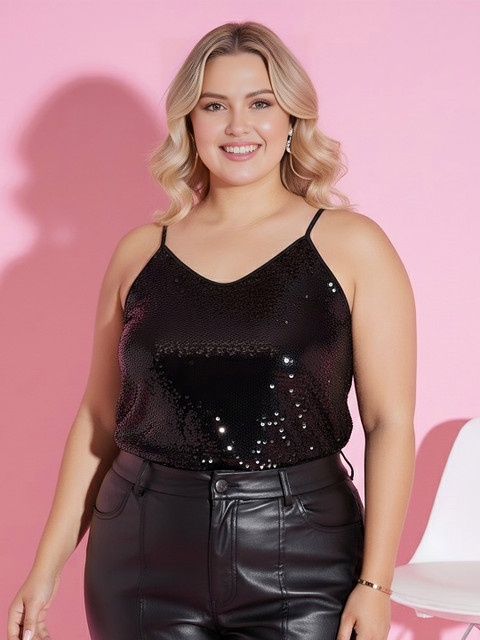 Berrylush Curve Plus Size Black Embellished Sequinned Regular Top