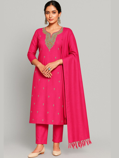 Vrinde Floral Embroidered Thread Work Pashmina Unstitched Dress Material