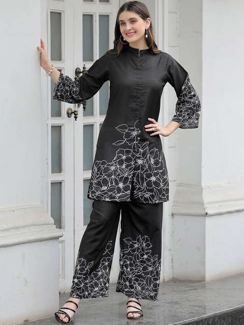 LIPS CROWN Black & White Printed Co-Ords with Mandarin Collar