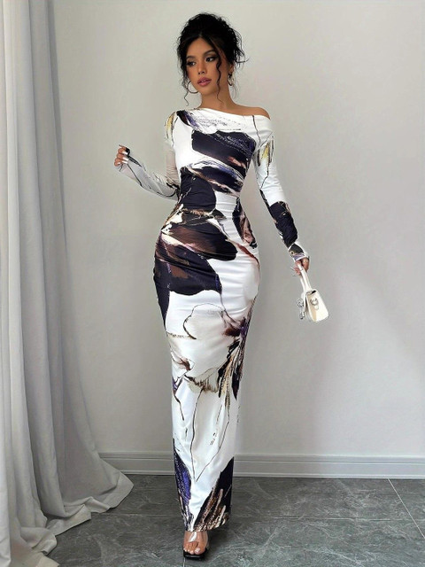HERE&NOW Print Off-Shoulder Bodycon Maxi Dress