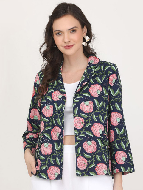 Nomad Lifestyle Floral Printed Notched Lapel Long Sleeves Pure Cotton Open Front Blazer