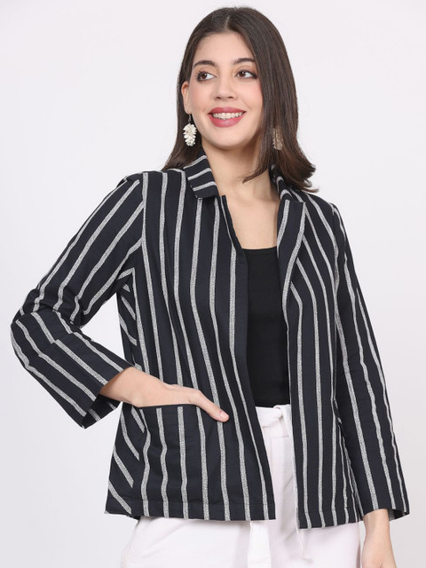 Nomad Lifestyle Striped Notched Lapel Long Sleeves Cotton Open Front Blazer