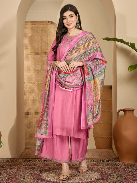 Sangria Women Ethnic Motifs Regular Thread Work Kurta with Trousers & With Dupatta