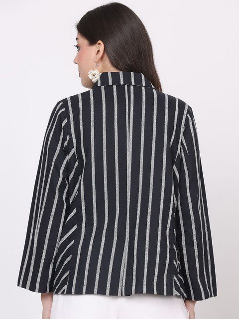 Nomad Lifestyle Striped Notched Lapel Long Sleeves Cotton Open Front Blazer - Image 5