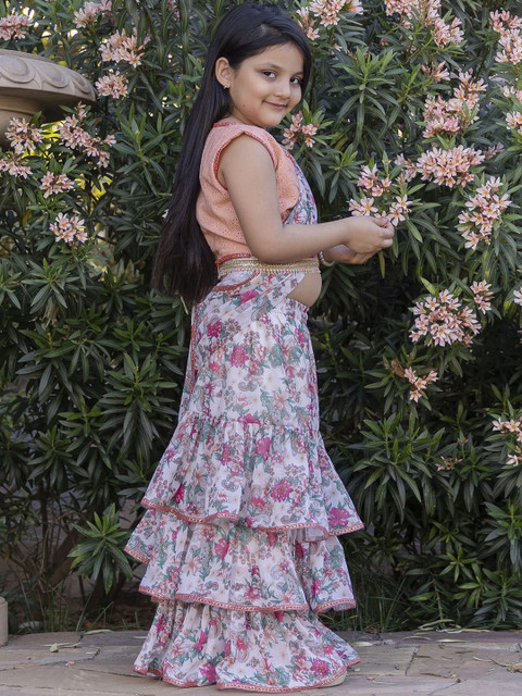 Sangria Girls Floral Printed Lehenga Saree With Stitched Blouse Piece - Image 2