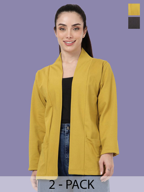 Kryptic Pack Of 2 Open Front Regular Fit Cotton Shrugs With Pocket For Layering