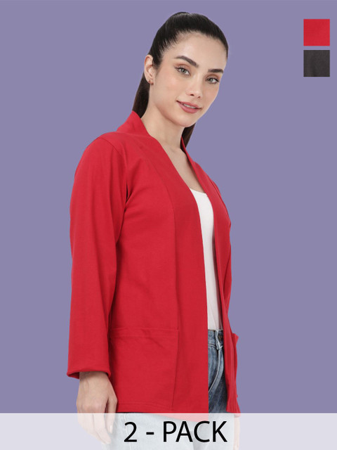 Kryptic Pack Of 2 Open Front Regular Fit Cotton Shrugs With Pocket For Layering